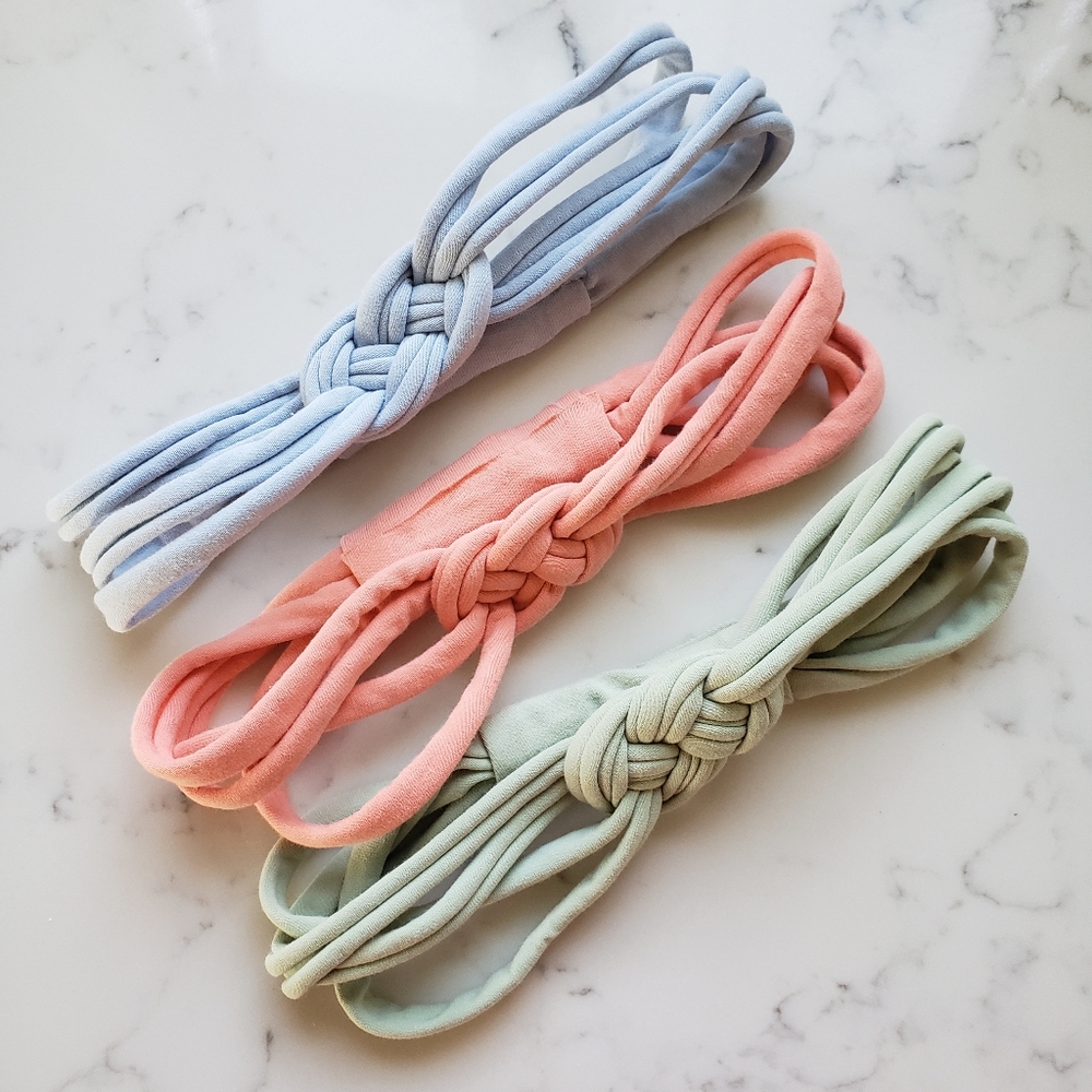 Set of 3 Womens Sailor Knot Headband in Green Pink Blue pastels, Adult Upcycled